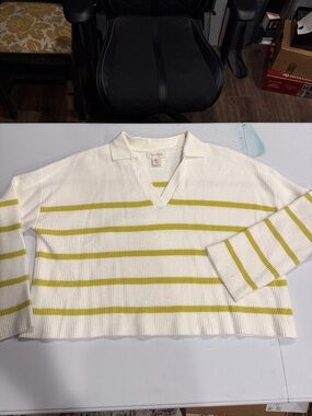 Jessica Simpson Cream V-Neck Collared Sweater with Green Stripes